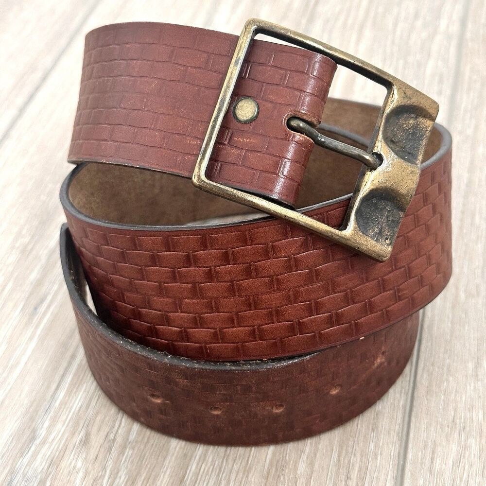 Vintage Hand Tooled Mens 41 32"-38” Brown Leather Belt Western Basket Weave